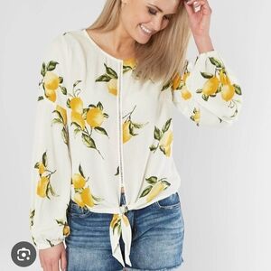 Daytrip Lemon Print Tie-Front Blouse Womens Small